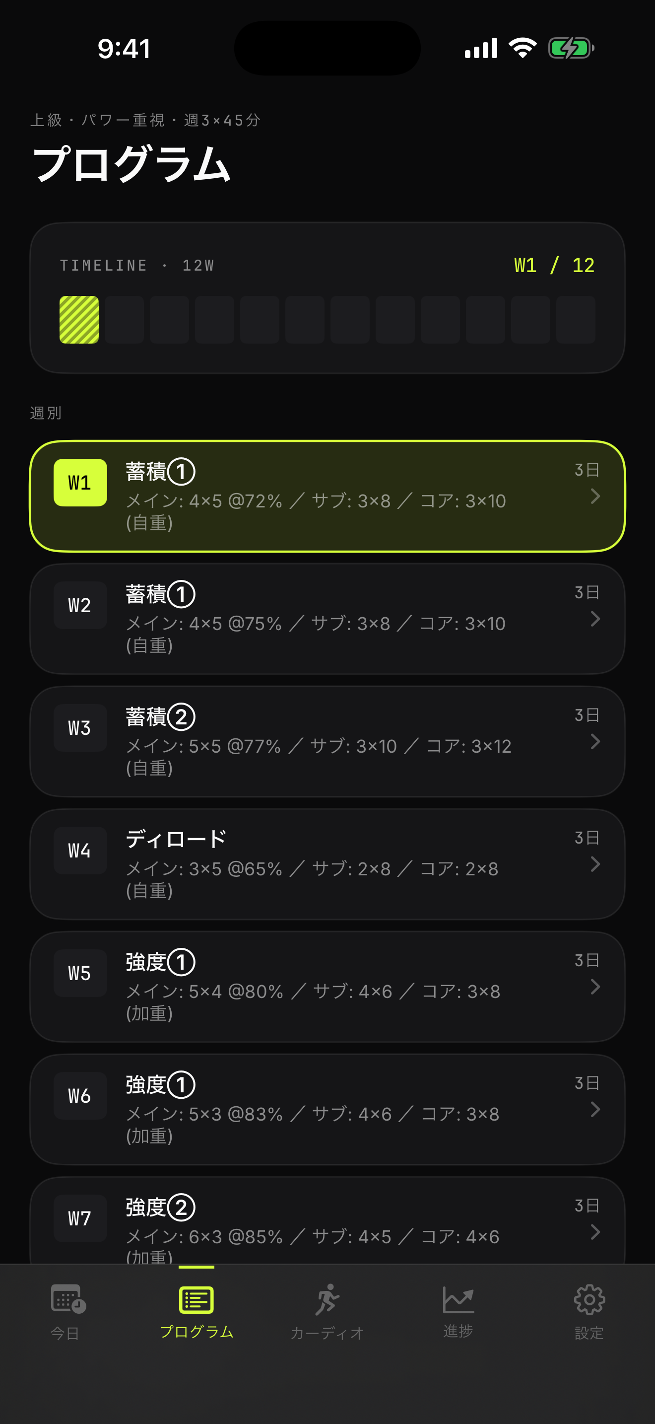 プログラム画面 — 12 週間のタイムラインと週別サマリ