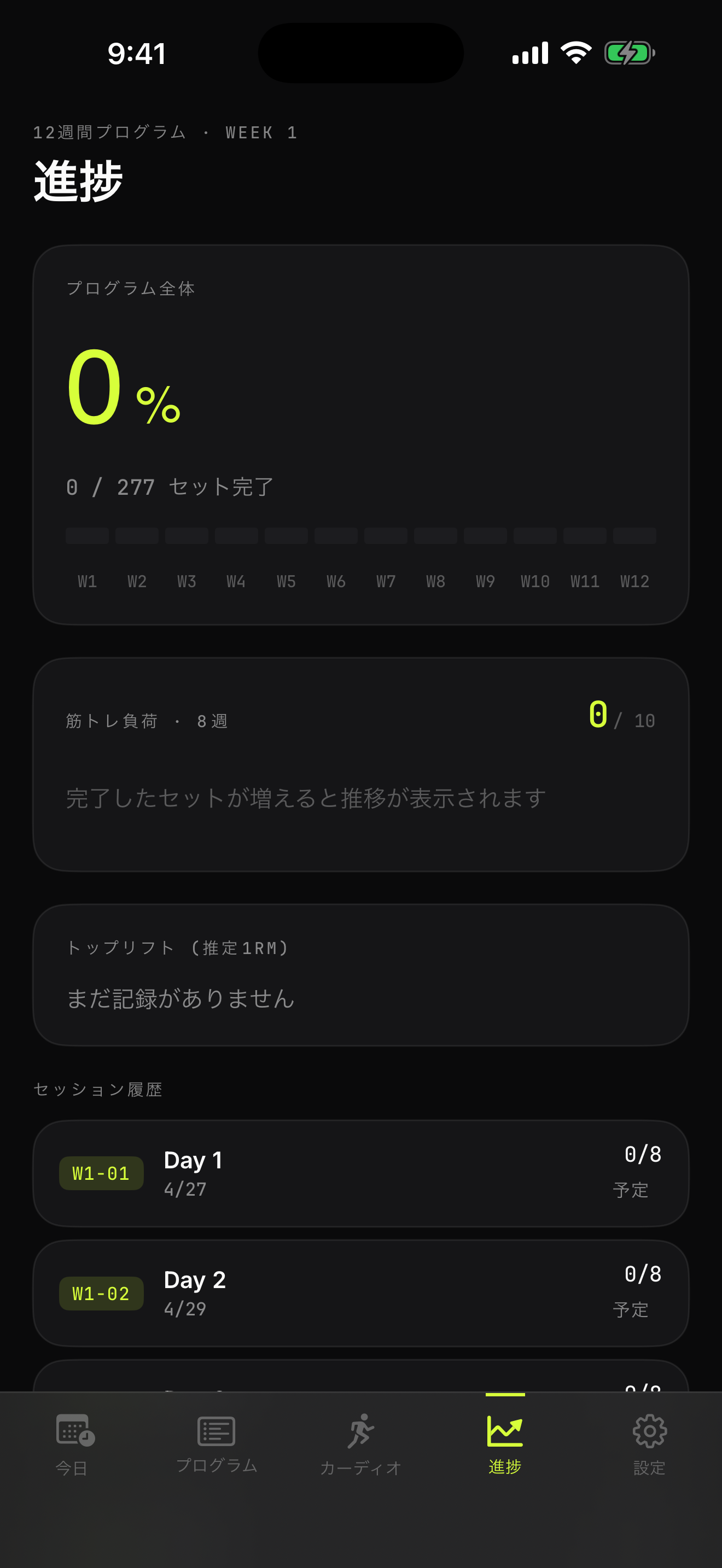 進捗画面 — プログラム全体の完了率とセッション履歴
