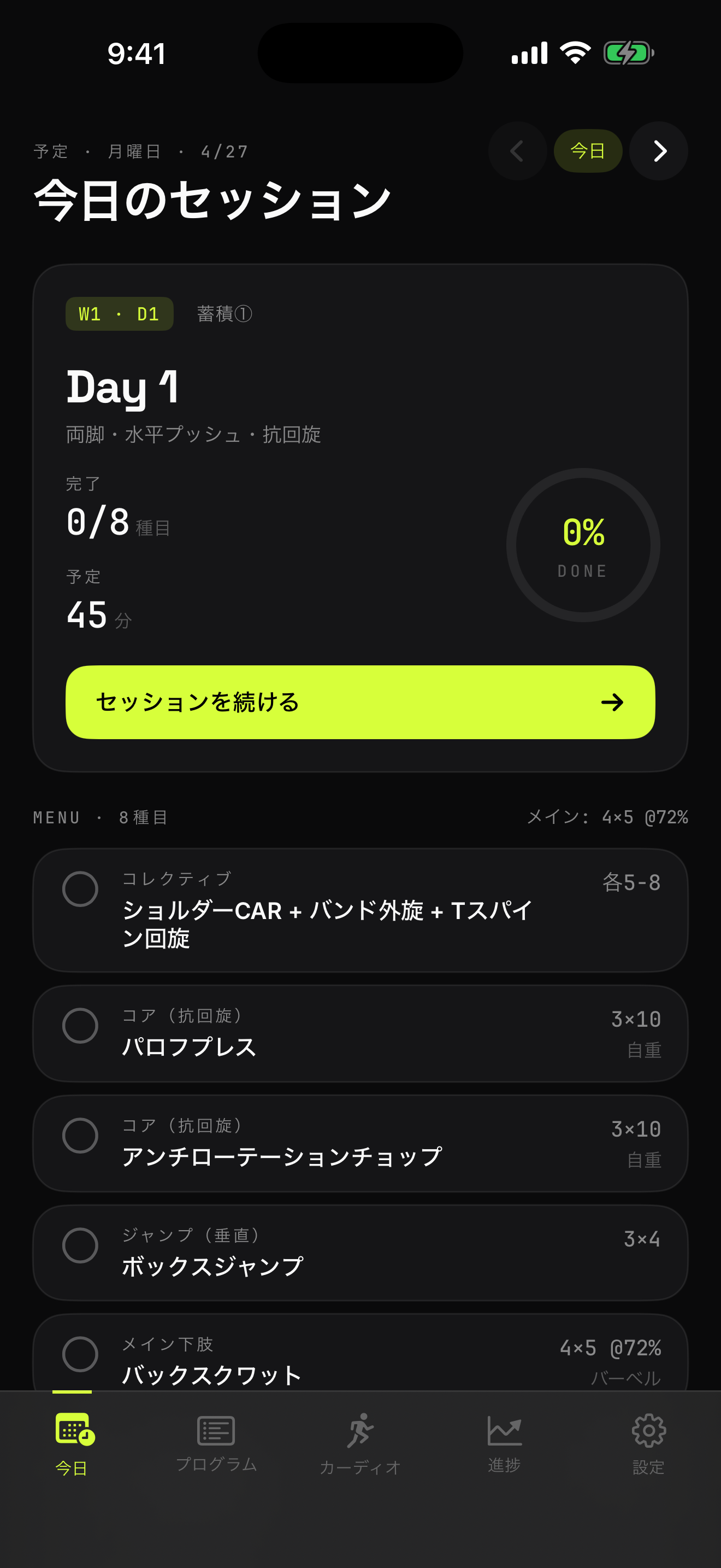 今日のセッション画面 — Day 1 のメニューと進捗サマリ